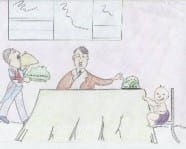 Pupil's analogy diagram on the causes of World War Two. Czechoslovakia's head is being served on a plate to Hitler